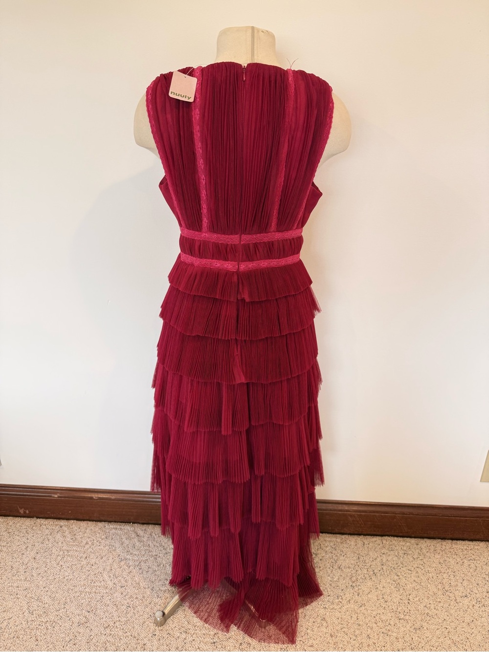 NWT Hutch Charley Deep-V Pleated Raspberry Tiered Tulle Maxi Dress Size 6P - Picture 5 of 13